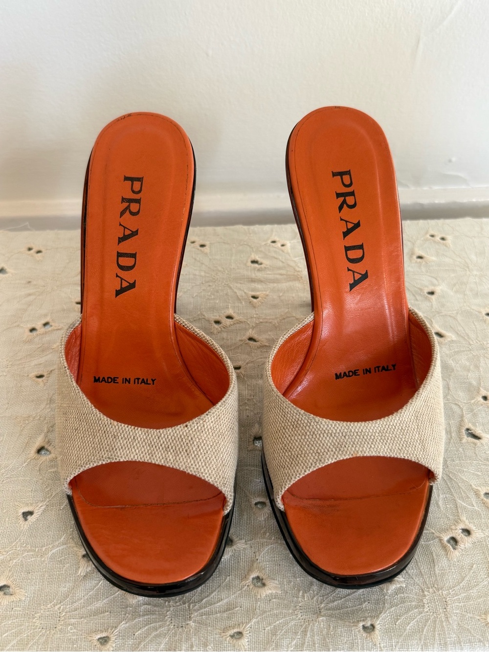 PRADA SS1998 Orange Canvas Amber Plastic Wedge Mules Heels Vintage Archive 6.5/7 - Picture 2 of 5